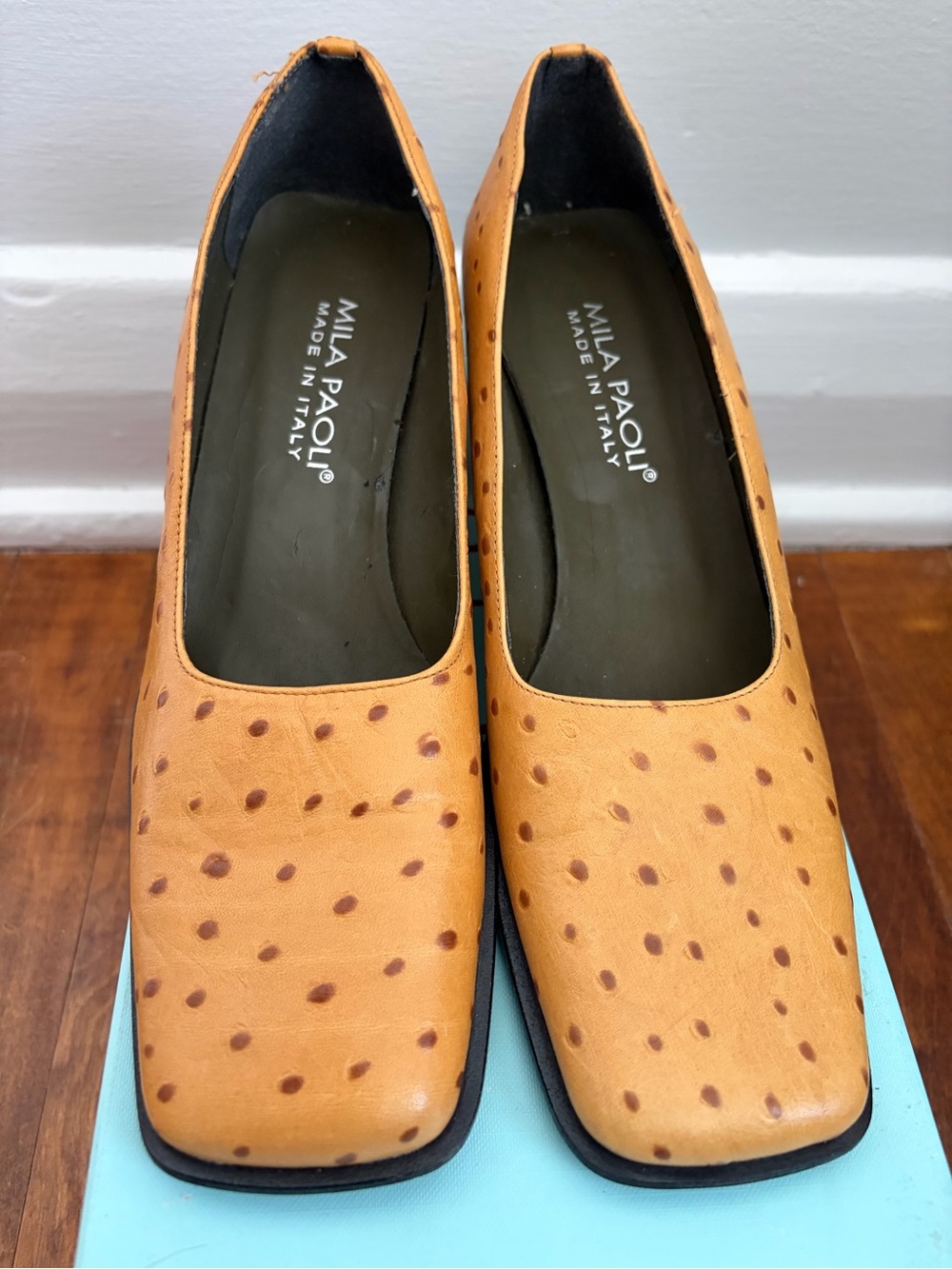 Mila Paoli Tan Leather Square-Toe Perforated Heels